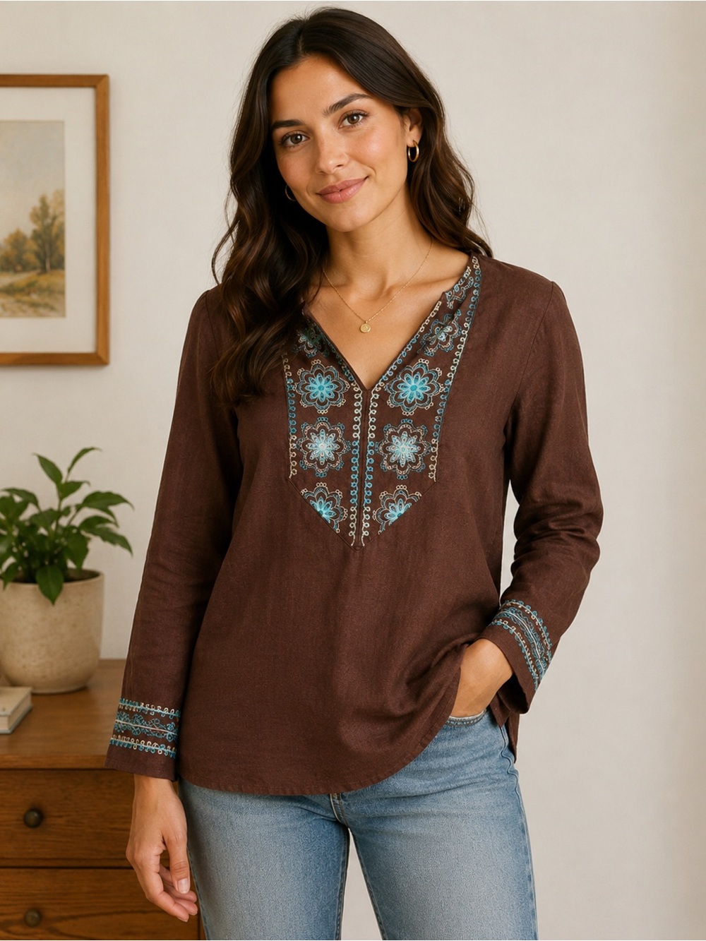 Boho Linen Blend Embroidered Tunic Top Brown Turquoise Festival Cottageco